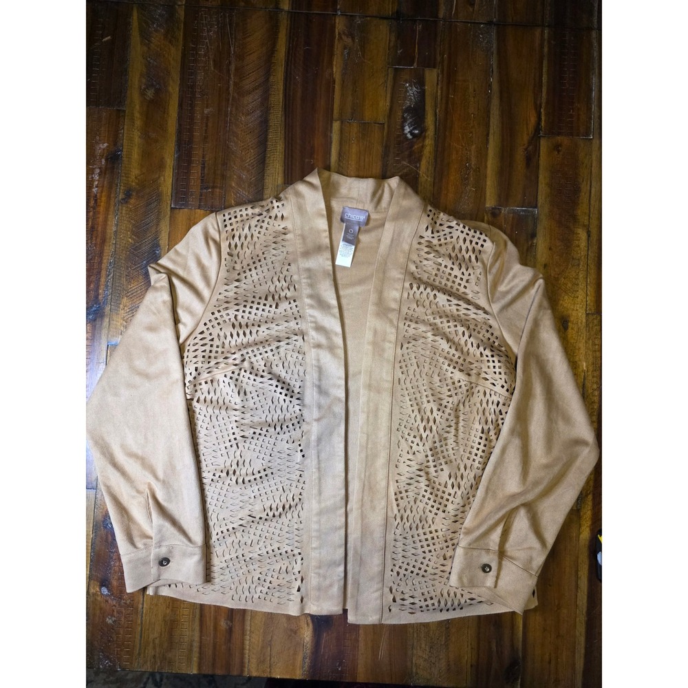 658 Chicos Faux Suede Laser Cut Open Front Cardigan Jacket Tan Brown Womens Sz 0
